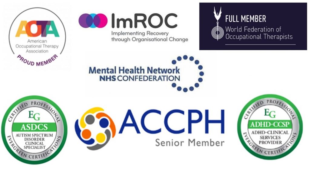 AOTA logo, ImROC logo, WFOT Logo, Mental health network logo, ASDCS logo, ACCPH logo and ADHD-CCSP logo